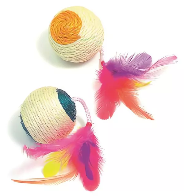 Sisal míček s peříčky, s catnipem 6cm